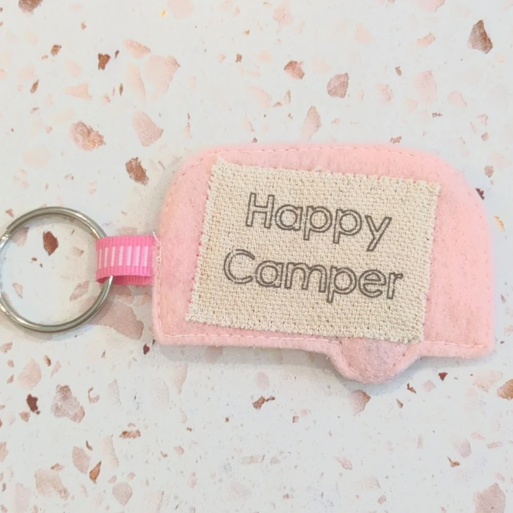 Pink Happy Camper Handcrafted Key Ring Felt Lace Ribbon Beads Calico | New #1